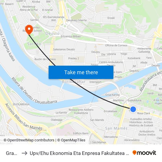 Gran Vía  85 to Upv / Ehu Ekonomia Eta Enpresa Fakultatea / Campus De Economía Y Empresa (Sarriko) map