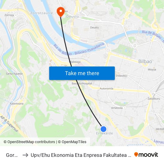 Gordoniz 90 to Upv / Ehu Ekonomia Eta Enpresa Fakultatea / Campus De Economía Y Empresa (Sarriko) map