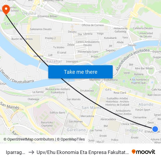 Iparraguirre Fte. 42 to Upv / Ehu Ekonomia Eta Enpresa Fakultatea / Campus De Economía Y Empresa (Sarriko) map