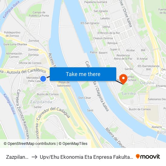 Zazpilanda / Bidegain to Upv / Ehu Ekonomia Eta Enpresa Fakultatea / Campus De Economía Y Empresa (Sarriko) map