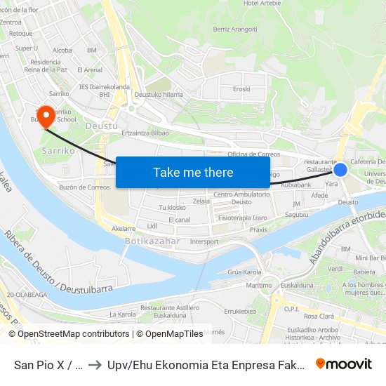 San Pio X / Hermanos Aguirre to Upv / Ehu Ekonomia Eta Enpresa Fakultatea / Campus De Economía Y Empresa (Sarriko) map