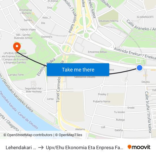 Lehendakari Aguirre / Fte. Bidarte to Upv / Ehu Ekonomia Eta Enpresa Fakultatea / Campus De Economía Y Empresa (Sarriko) map
