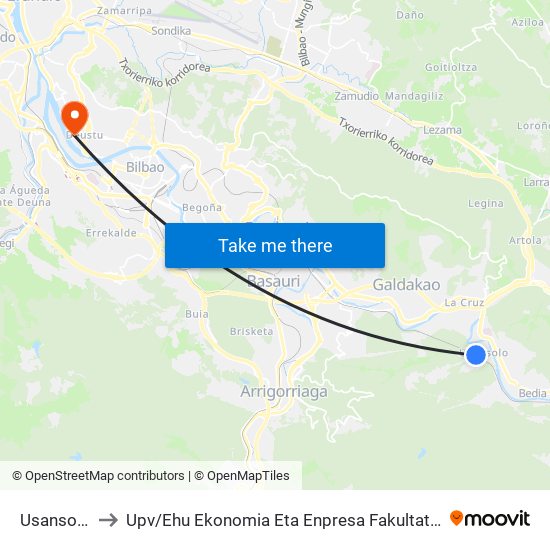 Usansolo-Galdakao to Upv / Ehu Ekonomia Eta Enpresa Fakultatea / Campus De Economía Y Empresa (Sarriko) map