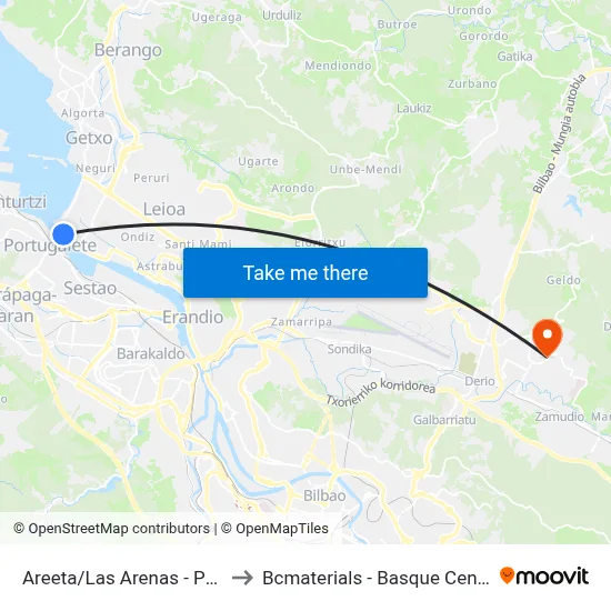 Areeta/Las Arenas - Puente Colgante to Bcmaterials - Basque Center For Materials map