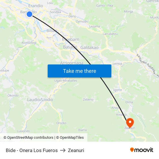 Bide - Onera Los Fueros to Zeanuri map