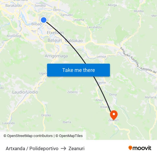 Artxanda / Polideportivo to Zeanuri map