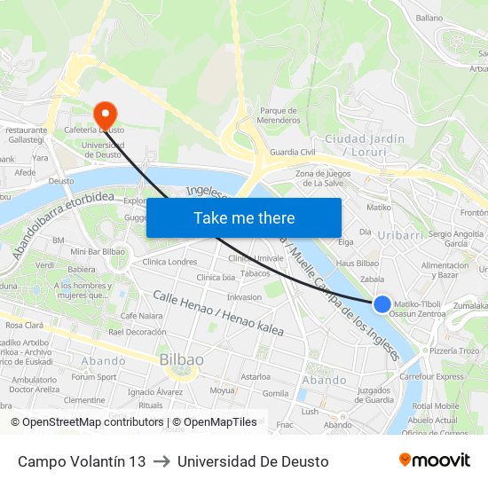 Campo Volantín 13 to Universidad De Deusto map