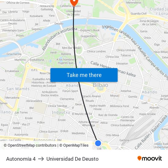 Autonomía 4 to Universidad De Deusto map