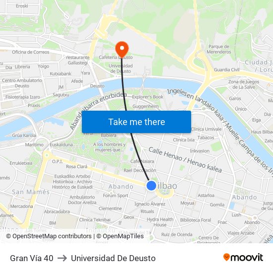 Gran Vía 40 to Universidad De Deusto map