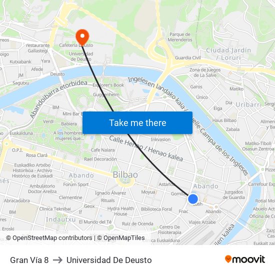 Gran Vía 8 to Universidad De Deusto map