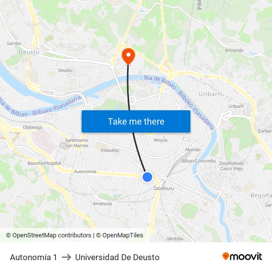 Autonomía 1 to Universidad De Deusto map