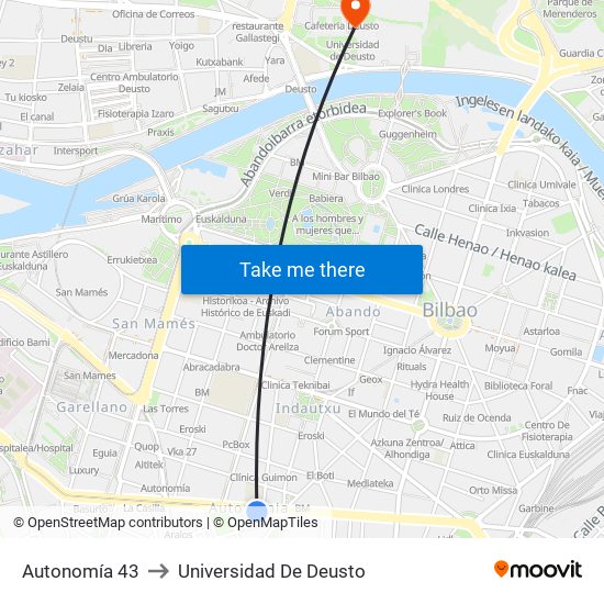 Autonomía 43 to Universidad De Deusto map