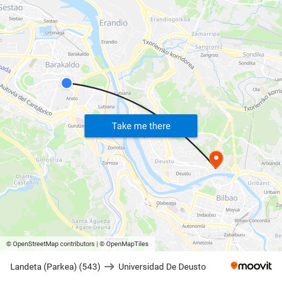 Landeta (Parkea) (543) to Universidad De Deusto map