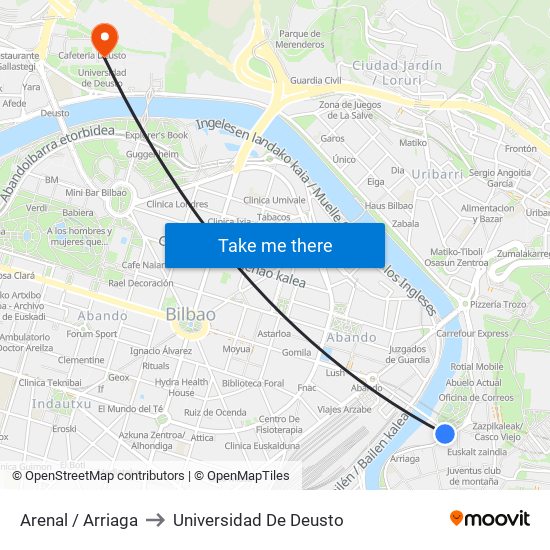 Arenal / Arriaga to Universidad De Deusto map