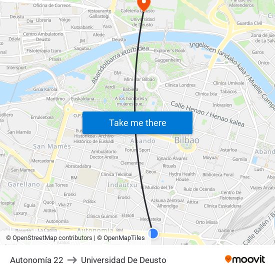 Autonomía 22 to Universidad De Deusto map