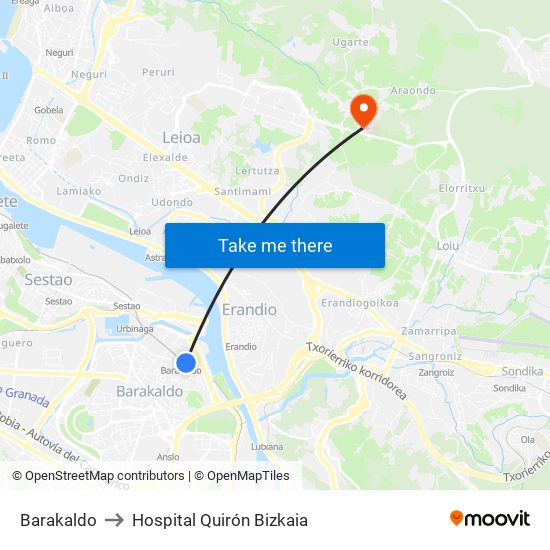 Barakaldo to Hospital Quirón Bizkaia map