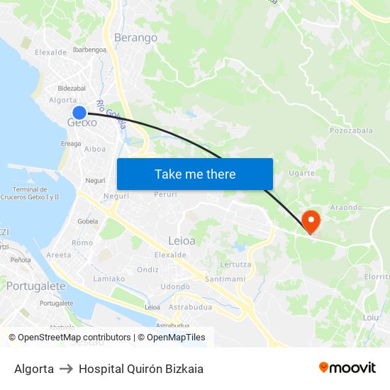 Algorta to Hospital Quirón Bizkaia map