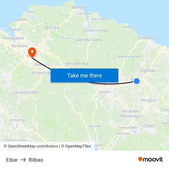 Eibar to Bilbao map