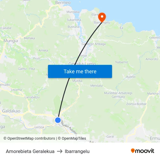 Amorebieta Geralekua to Ibarrangelu map