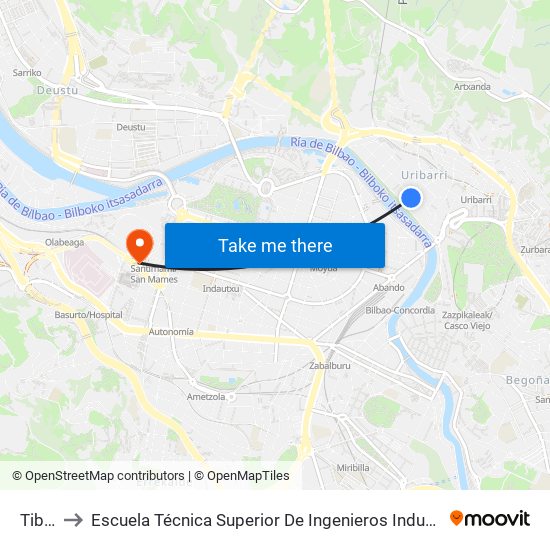 Tiboli 1 to Escuela Técnica Superior De Ingenieros Industriales De Bilbao - Edificio C map