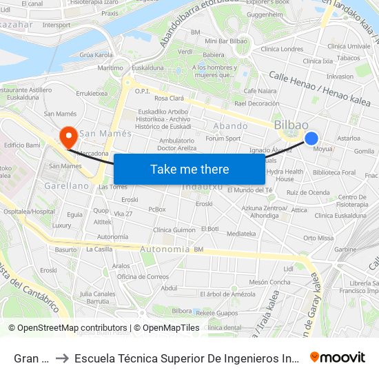 Gran Vía 37 to Escuela Técnica Superior De Ingenieros Industriales De Bilbao - Edificio C map