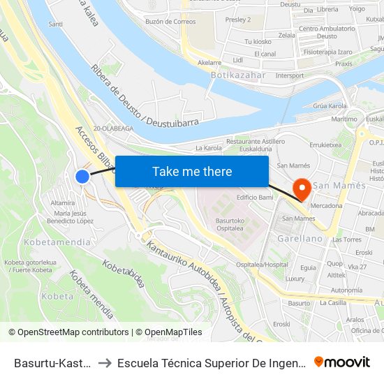 Basurtu-Kastrexana / Altamira to Escuela Técnica Superior De Ingenieros Industriales De Bilbao - Edificio C map