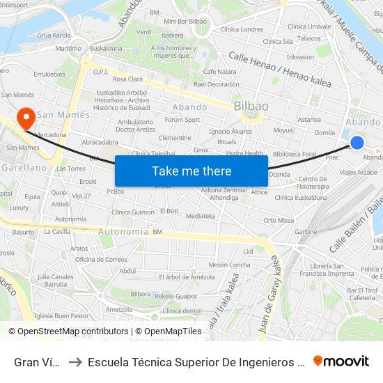 Gran Vía 6 (126) to Escuela Técnica Superior De Ingenieros Industriales De Bilbao - Edificio C map