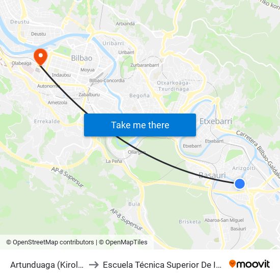 Artunduaga (Kiroldegia/Polideportivo) (278) to Escuela Técnica Superior De Ingenieros Industriales De Bilbao - Edificio C map
