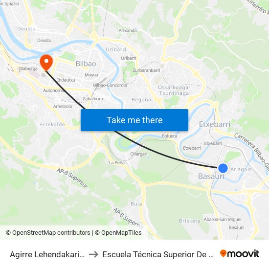 Agirre Lehendakaria (San José Ikastetxea) (280) to Escuela Técnica Superior De Ingenieros Industriales De Bilbao - Edificio C map