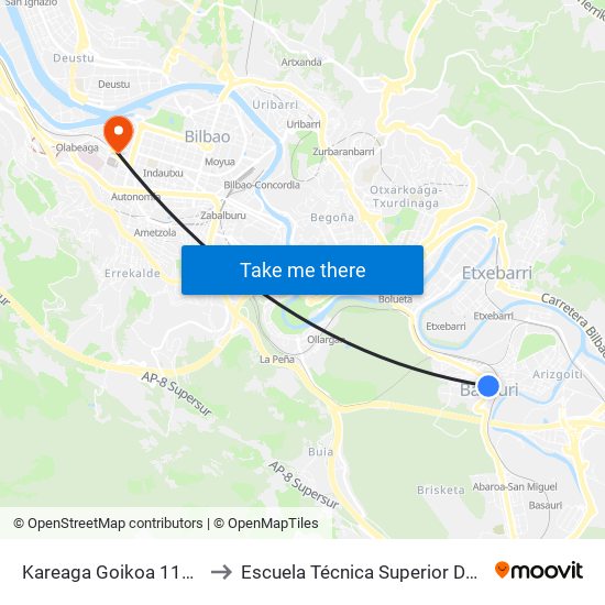 Kareaga Goikoa 111 (Udaletxea/Ayuntamiento) (281) to Escuela Técnica Superior De Ingenieros Industriales De Bilbao - Edificio C map