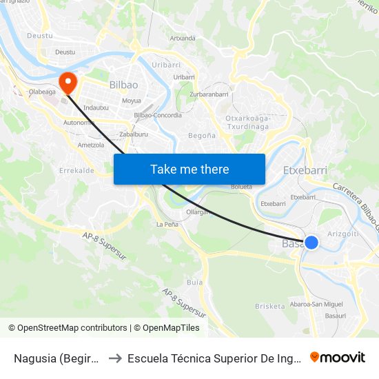 Nagusia (Begiratokia/Mirador) (295) to Escuela Técnica Superior De Ingenieros Industriales De Bilbao - Edificio C map