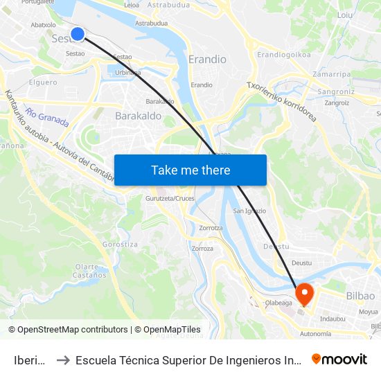 Iberia (340) to Escuela Técnica Superior De Ingenieros Industriales De Bilbao - Edificio C map
