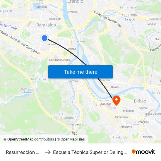 Resurrección María Azkue 12 (544) to Escuela Técnica Superior De Ingenieros Industriales De Bilbao - Edificio C map