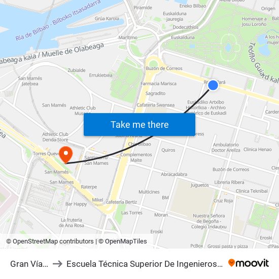 Gran Vía 79 (632) to Escuela Técnica Superior De Ingenieros Industriales De Bilbao - Edificio C map