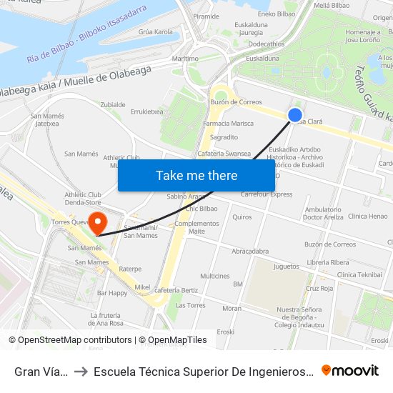 Gran Vía 74 (756) to Escuela Técnica Superior De Ingenieros Industriales De Bilbao - Edificio C map