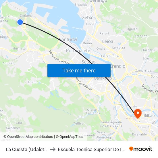 La Cuesta (Udaletxea/Ayuntamiento) (1073) to Escuela Técnica Superior De Ingenieros Industriales De Bilbao - Edificio C map