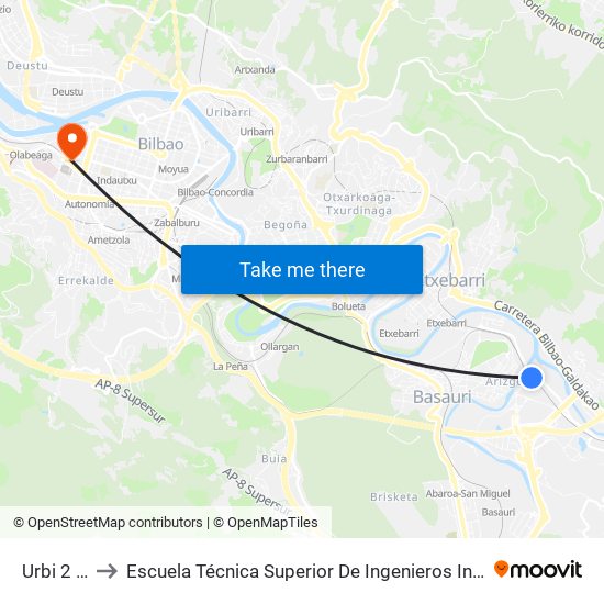Urbi 2 (2492) to Escuela Técnica Superior De Ingenieros Industriales De Bilbao - Edificio C map