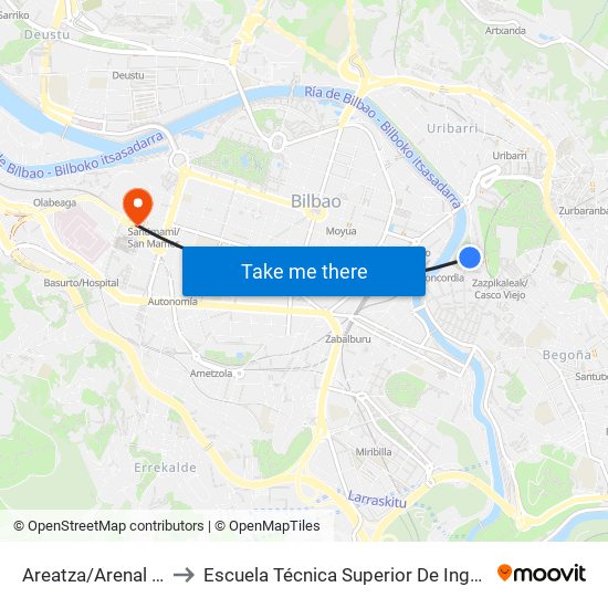 Areatza/Arenal (San Nikolas) (2576) to Escuela Técnica Superior De Ingenieros Industriales De Bilbao - Edificio C map