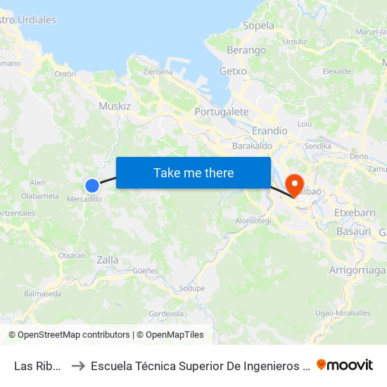 Las Ribas (3450) to Escuela Técnica Superior De Ingenieros Industriales De Bilbao - Edificio C map