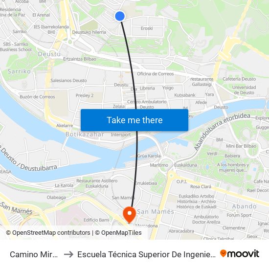 Camino Miramar / Escuela to Escuela Técnica Superior De Ingenieros Industriales De Bilbao - Edificio C map