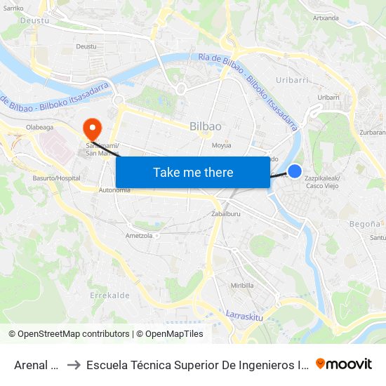 Arenal / Arriaga to Escuela Técnica Superior De Ingenieros Industriales De Bilbao - Edificio C map