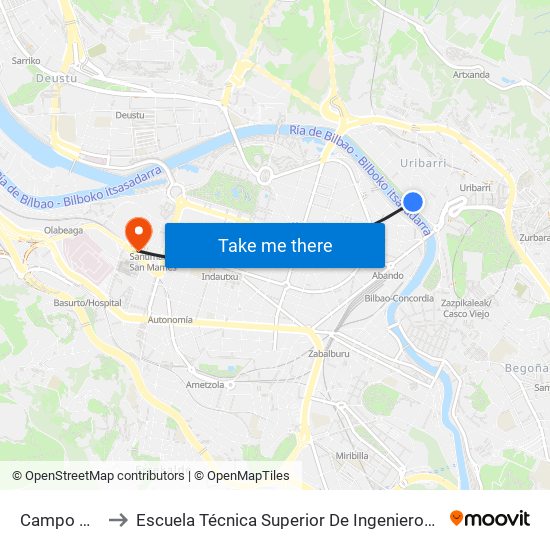 Campo Volantín 13 to Escuela Técnica Superior De Ingenieros Industriales De Bilbao - Edificio C map