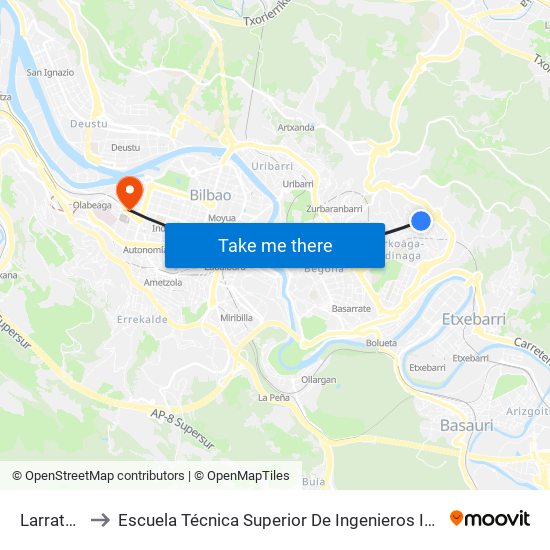 Larratundu 21 to Escuela Técnica Superior De Ingenieros Industriales De Bilbao - Edificio C map