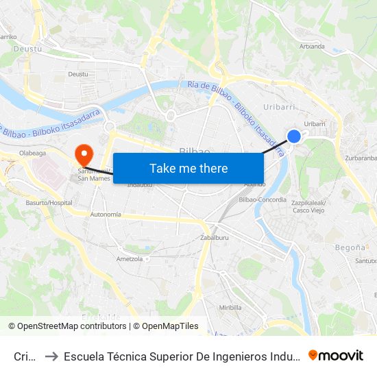 Cristo 1 to Escuela Técnica Superior De Ingenieros Industriales De Bilbao - Edificio C map