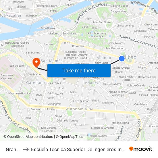 Gran Vía  41 to Escuela Técnica Superior De Ingenieros Industriales De Bilbao - Edificio C map