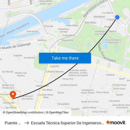 Puente De  Deustu to Escuela Técnica Superior De Ingenieros Industriales De Bilbao - Edificio C map