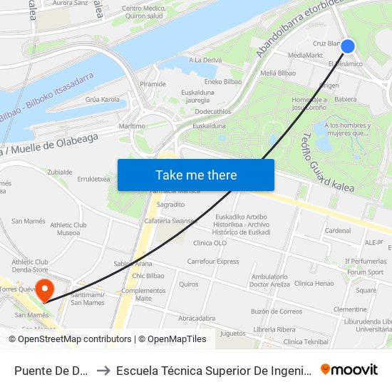 Puente De Deustu / Zubiarte to Escuela Técnica Superior De Ingenieros Industriales De Bilbao - Edificio C map