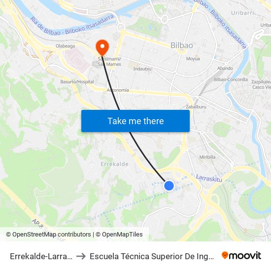 Errekalde-Larraskitu / Polideportivo to Escuela Técnica Superior De Ingenieros Industriales De Bilbao - Edificio C map