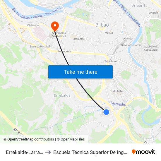 Errekalde-Larraskitu / Fte. Iberdrola to Escuela Técnica Superior De Ingenieros Industriales De Bilbao - Edificio C map