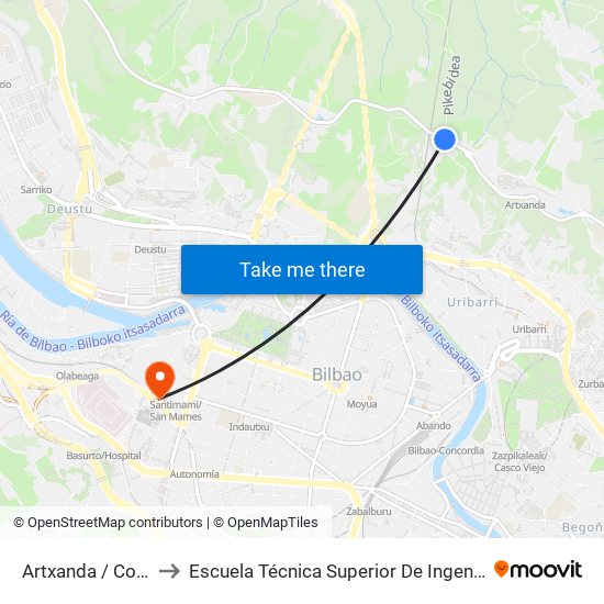 Artxanda / Colegio Jesús María to Escuela Técnica Superior De Ingenieros Industriales De Bilbao - Edificio C map